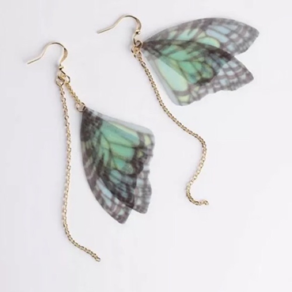 Blue Butterfly Fairy Wing Gold Chain Earrings - Picture 1 of 4